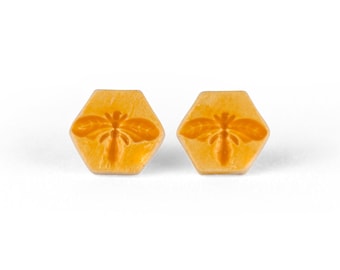 Honey bee earrings - Cute ceramic stud earrings, Beekeeper gift, Hexagon minimalist earrings, Queen bee jewelry, Honeycomb yellow earrings