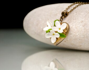 White lilac locket necklace for picture, Heart memory locket pendant, flower girl accessory, rustic wedding jewellery be my Valentine charm