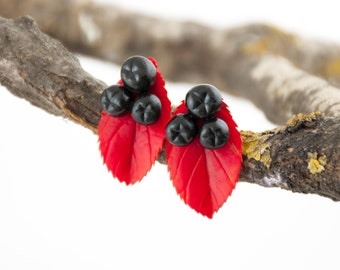 Black rowan berry stud earrings - Red leaves, Botanical jewelry, Nature-inspired gift for her, Unique fall earrings, Celtic Tree of Life