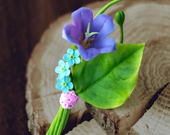 Realistic polymer clay jewelry brooch - Purple flower, Bellflower and forget-me-not pin, Wedding boutonniere, Nature-inspired botanical pin