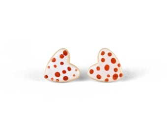 1950s polka dot heart stud earrings - Valentine's Day minimalist ceramic white red jewelry gift for her, Love earrings, Cute retro style