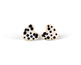 Vintage black and white heart earrings - Cute Valentine's Day jewelry, Ceramic polka dots accessory, Unique love earrings, Dalmatian jewelry