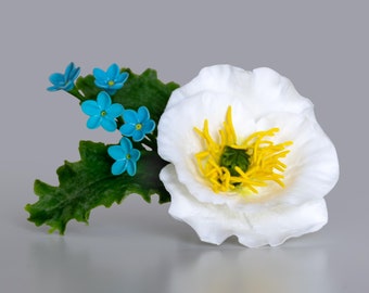 Realistic polymer clay flower hair clip & Hat brooch - White poppy, Blue forget-me-not floral hair accessory, Botanical design, Bridal piece