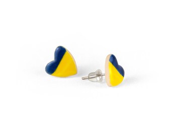Ceramic Ukrainian flag heart stud earrings - Blue yellow jewelry, Patriotic gift, National flag folk earrings, Small hearts minimal studs