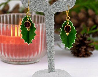 Green dangle earrings - Polymer clay holly leaves, Burgundy & gold beads, Botanical jewelry, Nature-inspired festive gift for her, Holiday