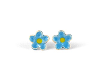 Blue flower stud earrings - Cute сeramic floral jewelry, Minimalist forget-me-not earrings, Dainty nature earrings, Handmade jewelry gift