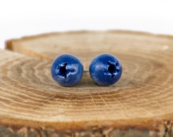Tiny blueberry stud earrings - Realistic polymer clay fruit jewelry, Dainty earrings, Something blue earrings, Cute gift for fruit lovers