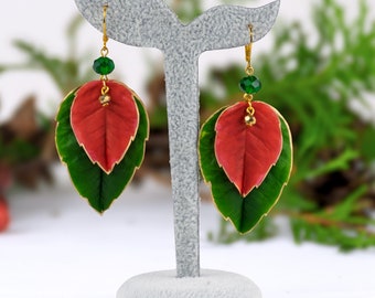 Red and green poinsettia earrings - Realistic polymer clay leaves with golden and crystal green beads, Handmade winter jewelry gift idea