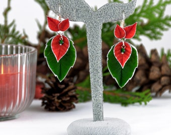 Polymer clay dangle earrings - Realistic poinsettia leaves, Red & green floral jewelry, Silver accents, Seasonal winter accessory, Christmas