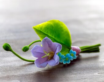 Realistic Polymer Clay Brooch – Purple Bellflower, Forget-Me-Not Botanical Pin, Wedding Boutonniere