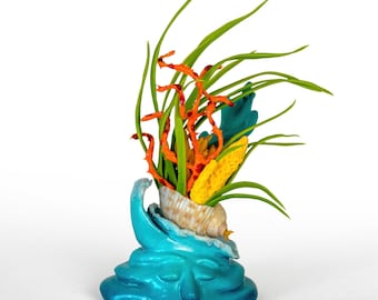 World Ocean Wave Sculpture with Shell, Anthropomorphic Art, Hyperrealistic Coral and Seaweed, Antarctic Ocean, Curio Cabinet Bookshelf Decor