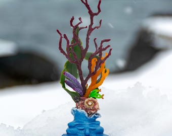 Blue Ocean Sculpture with Conch Shell, Anthropomorphic Art, Unique Curio Cabinet Coral and Seaweed Art, Arctic Ocean, Bookshelf Decor