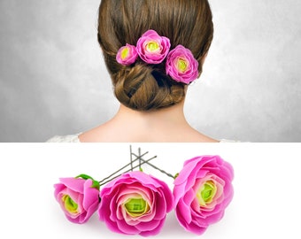 Rosa Blumen Haarnadeln Set, Ranunkel Blumen für die Haare, realistischer Blumen Kopfschmuck für rustikale Hochzeit, Pfingstrosen-Haarschmuck