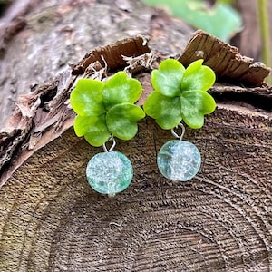 Lucky four-leaf clover stud earrings - Handmade polymer clay jewelry, Irish-inspired nature studs, Realistic green leaf, Unique gift for her
