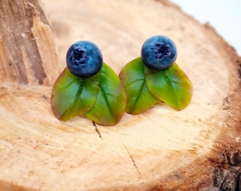 Blueberry stud earrings with green leaves - Hyper-realistic nature-inspired jewelry, Gift for nature lovers, Fruit earrings, Summer jewelry