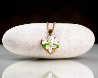 White Lilac Heart Locket Necklace, Polymer Clay Flower Pendant