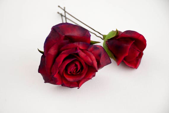 Set Of 2 Rose Flower Hair Pins Wedding Flowers For Hair Red Etsy