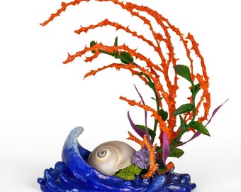 Atlantic Ocean sculpture, Curio cabinet sciart, Blue wave art with Shark Eye Moon Snail shell, Coral seaweed desk decor, Marine life gift