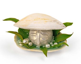 Unique pearl sculpture in clam shell, Coastal decor, Ocean Art, Fantasy figurine, Pearl with face, Curio cabinet collectible, Weird stuff