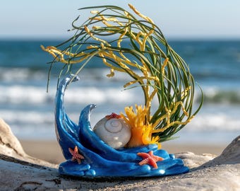 Pacific Ocean Sculpture, Blue wave with Seashell snail, Clay seaweed and corals, Curio Cabinet Shelf decor, Marine life figurine, Sea stars