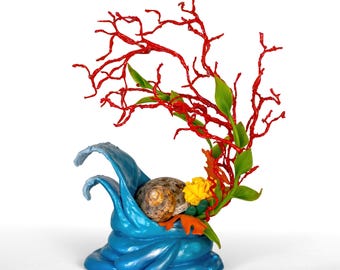 Ocean Sculpture, Turbo Shell, Blue Wave Art, Unique handmade desk decor, Curio Cabinet figurine, Reeve's turban, Red Corals, Indian Ocean