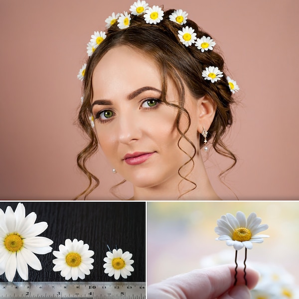 Épingle à cheveux Daisy pour mariage de style été, vigne de cheveux de mariée, morceau de cheveux de mariage, pince à cheveux de fleur réaliste délicate, casque floral de pays