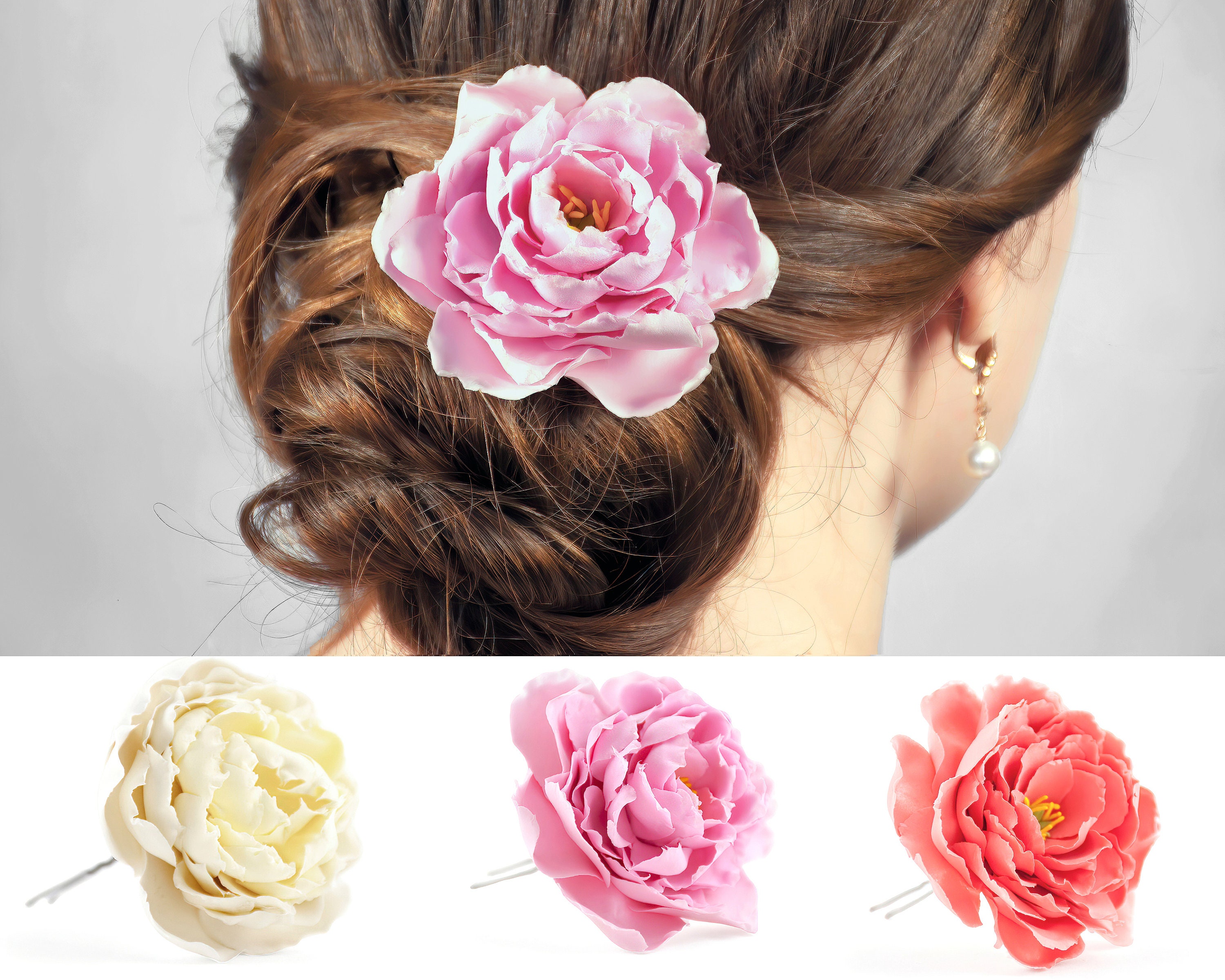 Large peony flower hair pin realistic big flowers hair clip Etsy