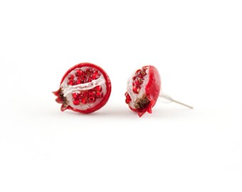 Miniature Pomegranate Stud Earrings – Hand-Sculpted Polymer Clay Jewelry