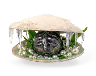 Black pearl with face sculpture in clam shell, Surreal ocean art, Snow & Ice, Anthropomorphic collectible figurine, Curio cabinet, Trueself