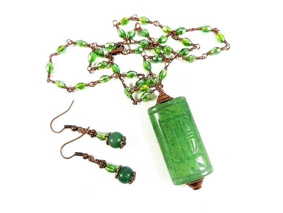 Green Carved Aventurine Gemstone Pendant Necklace Copper Wire Wrapped with Matching Earrings