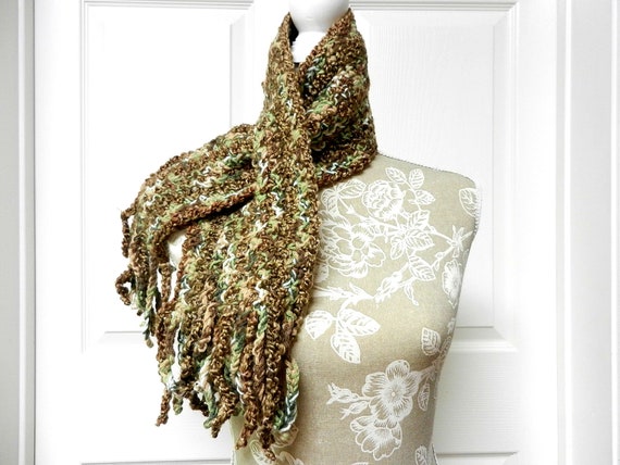 Hand Crocheted Short Scarf with a Key Hole End with Fringe in Camo Colors of Green Brown Tan and White