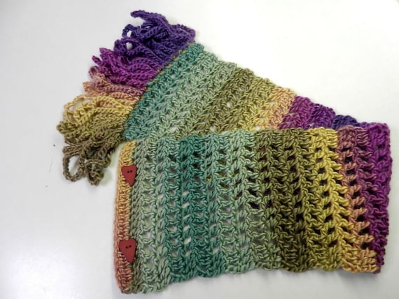 Hand Crocheted Scarf, Crocheted Green and Purple Short Scarf, Button Up Scarf, Purple Scarf, Green Scarf, Scarf with Fringe