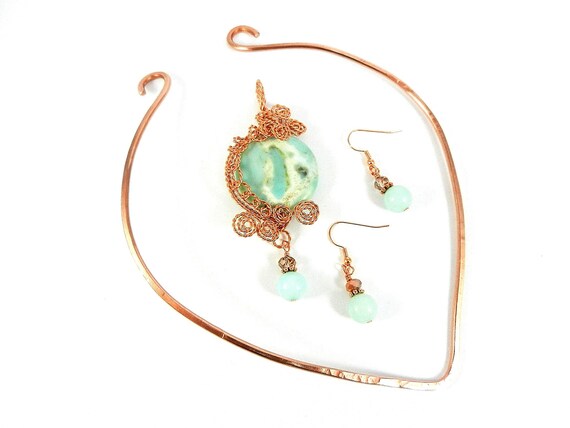 Light Blue Aqua Terra Jasper Round Pendant Gemstone  Copper Wire Wrapped  with Matching Aqua Marine Gemstone Earrings