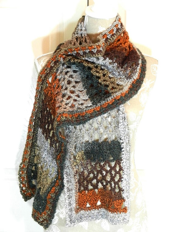 Brown Grey Rust Cream Orange Hand Crocheted Scarf, Hand Crocheted Scarf, Winter Scarf