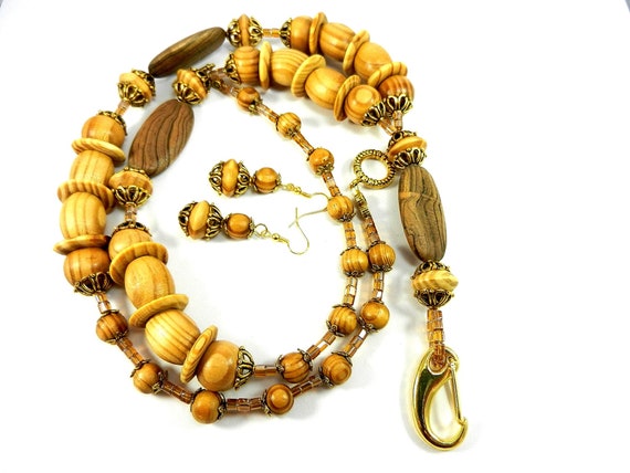 Wood and Gold Lanyard Badge Holder Necklace with Matching Earrings