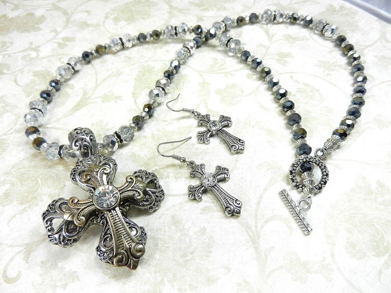 Handmade Cross Necklace and Earrings, Silver and Gold Cross Necklace, Cross Earrings, Silver Cross Earrings, Silver Necklace, Silver Cross