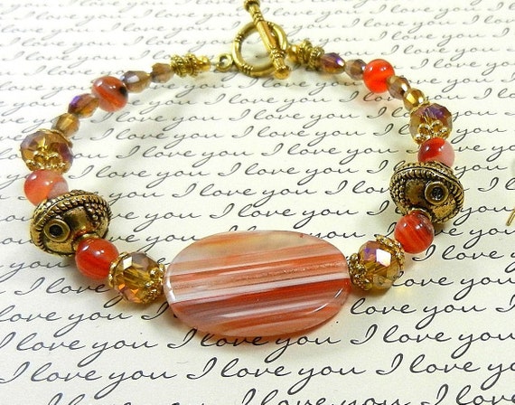 Orange Banded Onyx Agate Bracelet with Gold and Crystals with Agate Earrings