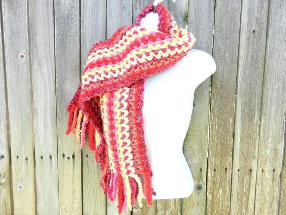 Hand Crocheted Red Pink and Yellow Winter Scarf with Hand Knotted Fringe