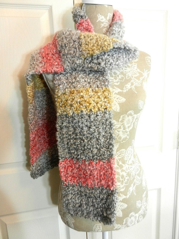 Yellow Red and Gray Thick Fluffy Long Winter Scarf with a Matching Hat