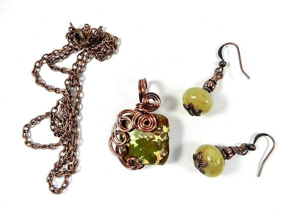 Green Square Jasper Copper Wire Wrapped Gemstone Pendant with Matching Jade Earrings