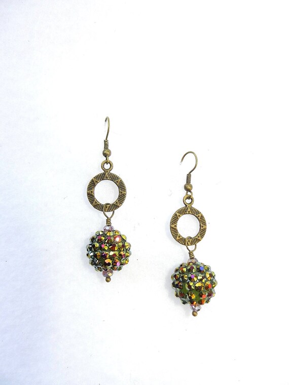 Green and Purple Crystal Ball Dangle Earrings on Bronze Ear Wires, Disco Ball Earrings
