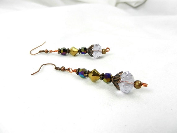 Copper Earrings with Faceted Clear Crystals and Gold Crystals