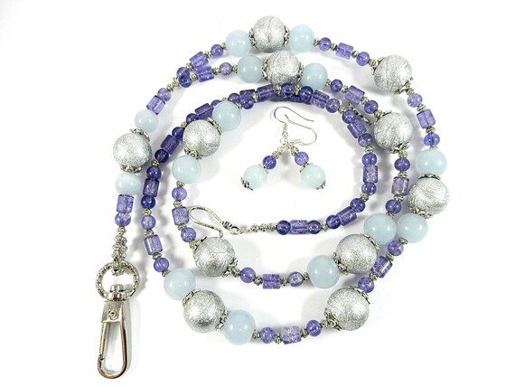 Purple and Silver Lanyard Badge Holder with Matching Earrings