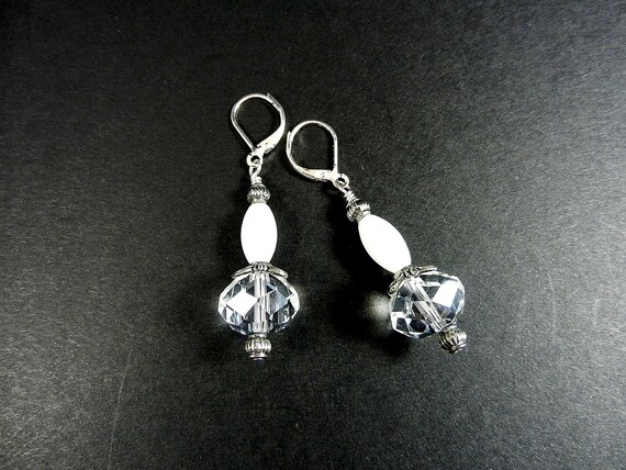 Silver White and Faceted Clear Crystal Dangle Drop Earrings