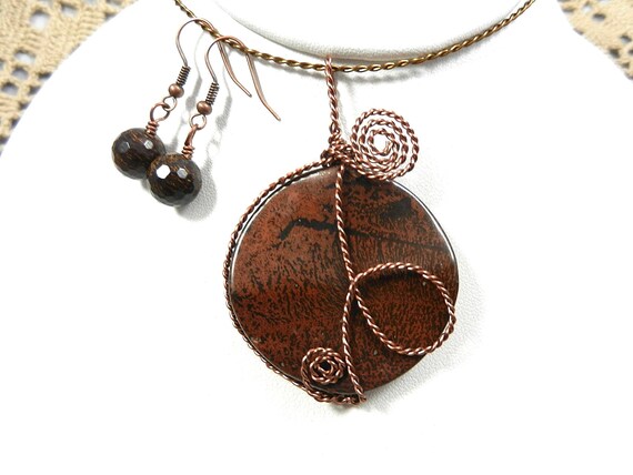Round Coin Brown and Black Jasper Gemstone Copper Wire Wrapped Pendant with Jasper Faceted Earrings, Jasper Gemstone Pendant, Wire Wrapped