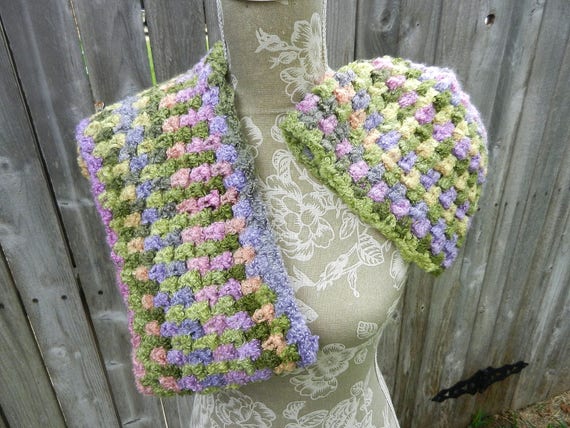 Purple Green Pink Lavender Cream Hand Crocheted Cowl Scarf with a Matching Hand Crocheted Hat, Hand Crocheted Cowl Scarf Hat Item EC00069