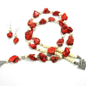 Lanyard Badge Holder with Red and White Turquoise Beads and Matching  Red Turquoise Earrings