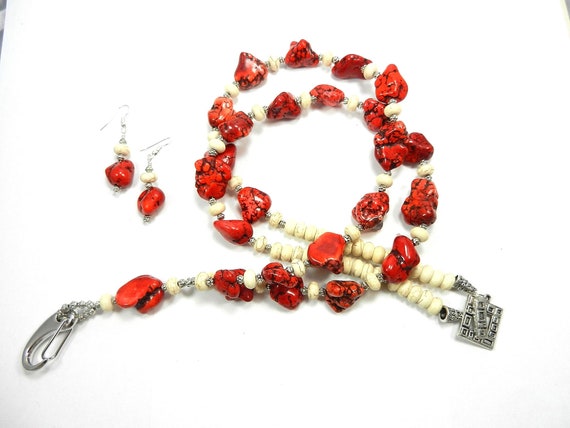 Lanyard Badge Holder with Red and White Turquoise Beads and Matching  Red Turquoise Earrings