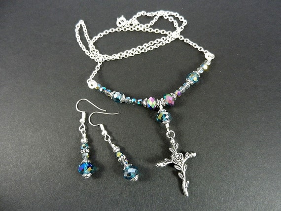 Silver Cross Necklace with Silver Wire Wrapped Purple Crystals with Matching Earrings