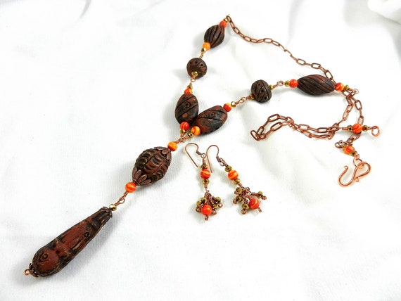 Handmade Clay Bead Necklace Copper Wire Wrapped with Orange Turquoise Beads and Matching Earrings